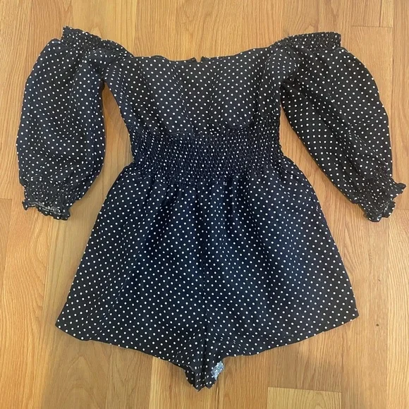 WeWoreWhat Polka Dot Smocked Linen Romper - Picture 3 of 5